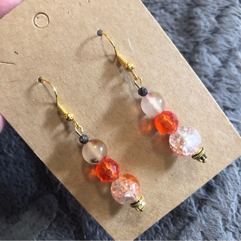 Handcrafted genuine stone agate crackle glass hematite dangle earrings